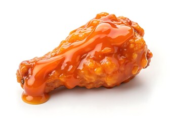 A succulent, golden-brown chicken wing glistening with tangy, spicy sauce, a mouthwatering image of delicious comfort food against a bright white background.