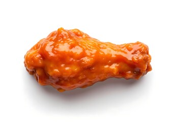 A single, glistening buffalo chicken wing, perfectly glazed in a vibrant, tangy sauce, ready to satisfy any craving against a stark white background.