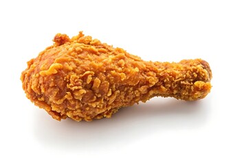 A crispy, golden-brown fried chicken drumstick, a tempting treat showcasing its crunchy texture and savory appeal against a bright white background.