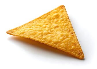 A perfectly crisp tortilla chip, golden and inviting, ready to be enjoyed with your favorite salsa, against a bright white background.