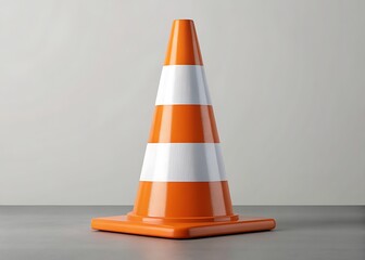 A solitary orange and white traffic cone stands tall against a neutral background, a silent sentinel of caution and order, with clean lines and a simple, bold design.