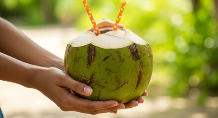 Hands offering refreshing coconut drink with straws against blurred foliage