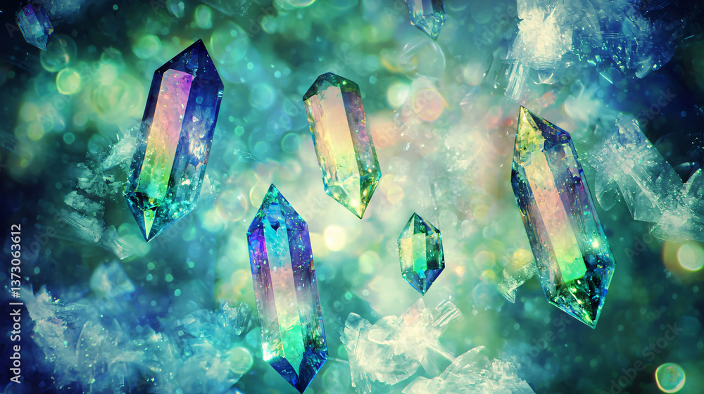 Poster mesmerizing display of radiant crystals floating in ambient light creating a captivating and magical