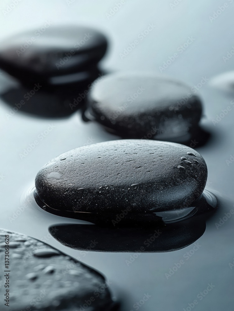 Fototapete smooth black river stones resting on a wet surface under soft lighting with deep contrast in a minim