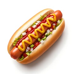 A classic American hot dog, perfectly grilled and nestled in a soft bun, topped with vibrant ketchup, tangy mustard, and crisp relish, ready to satisfy any craving with bright, clean studio lighting.