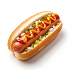 A classic hot dog, perfectly dressed with ketchup, mustard, and relish, nestled in a soft bun, a quintessential American treat against a bright white background.