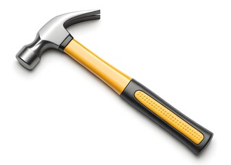A sturdy claw hammer with a yellow and black ergonomic handle ready for any project against a bright white backdrop.