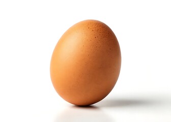 A single, perfectly formed brown egg rests on a pristine white background, showcasing its natural texture and warm, earthy tones.