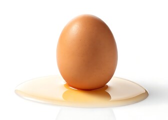 A single brown egg delicately perched atop its own glistening yolk, a perfect moment captured in crisp, bright lighting against a stark white background.