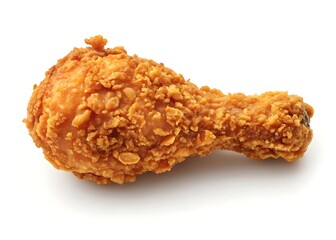 A crispy golden-brown fried chicken drumstick, a tempting treat of perfectly seasoned and crunchy goodness against a bright white background.