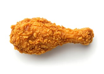 A crispy golden-brown fried chicken drumstick, a tempting treat of succulent meat and crunchy breading, isolated on a bright white background.