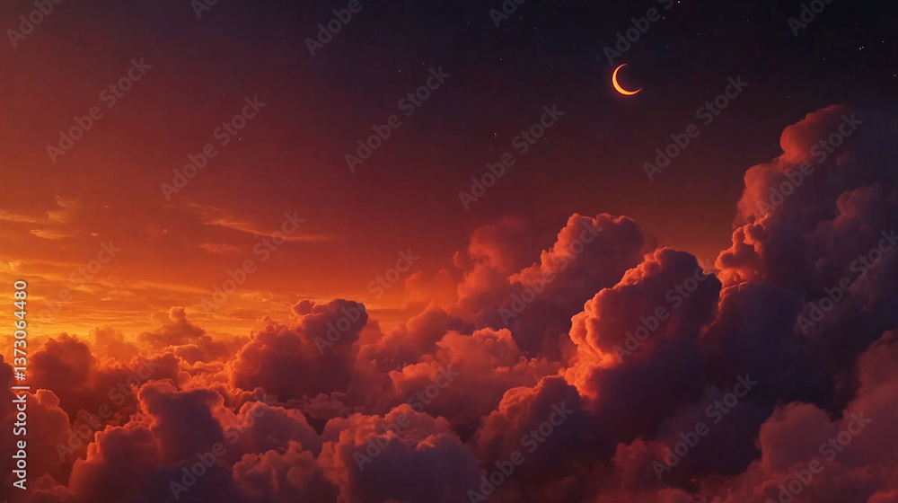 Poster aerial view of fiery orange and dark purple clouds at sunset, crescent moon visible in the night sky