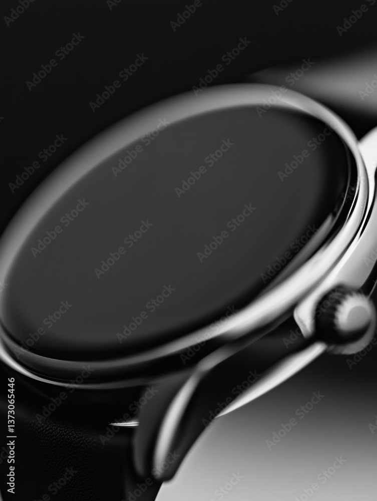 Poster close-up view of a sleek monochrome smartwatch design emphasizing modern technology and craftsmanshi