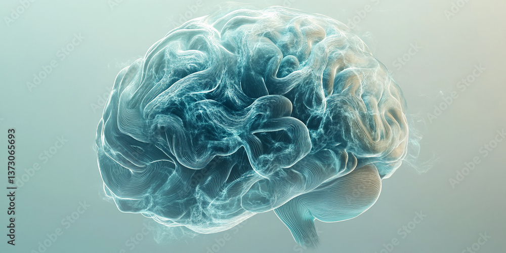 Poster abstract teal brain image, showcasing intricate texture and form, representing intellect, thought, a