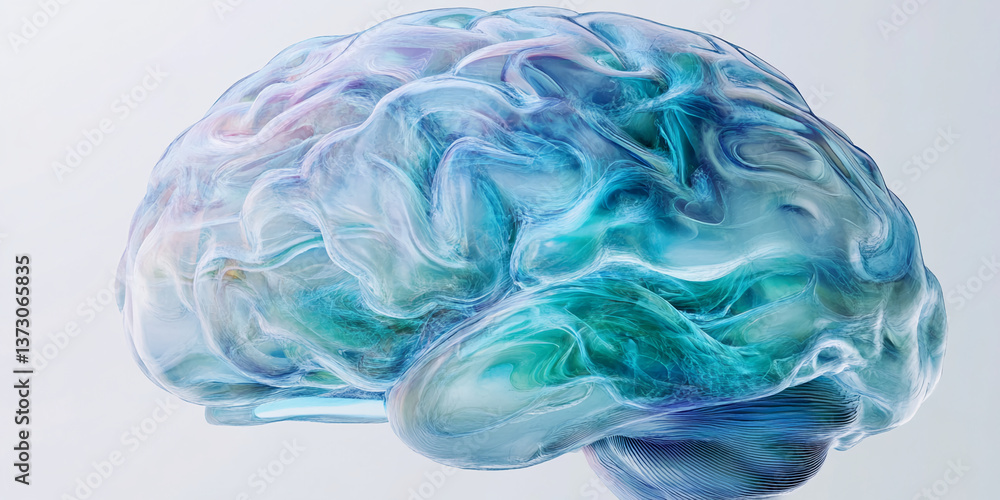 Poster Abstract image of a brain rendered in translucent teal and blue hues, showcasing swirling, wave-like textures. Represents intellect, creativity, and the complexity of thought processes