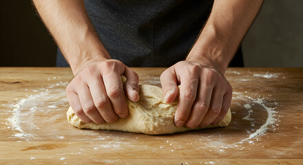 Close-up view of male hands kneading dough on floured surface in a kitchen