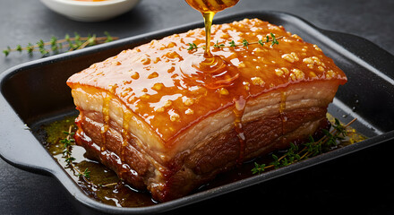 Delicious honey glazed pork belly being drizzled with sweet honey and garnished thyme