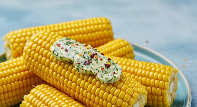 Freshly shucked corn cobs with flavored herb butter and chili flakes topping
