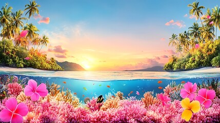 A beautiful coral reef scene under tropical water during sunset time