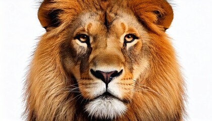 Fototapeta premium Lion's face in frontal view, isolated on pure white background