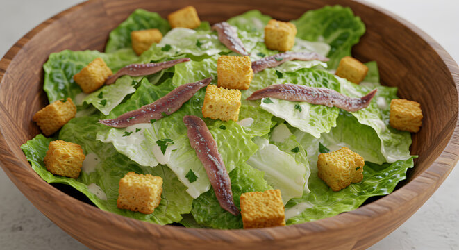 Classic Caesar salad featuring romaine lettuce, anchovies, and golden croutons