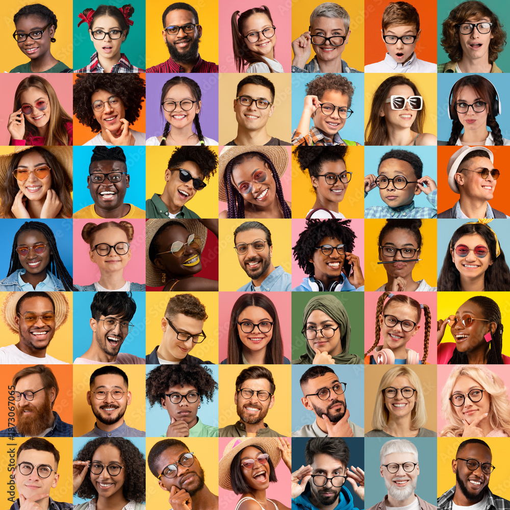 Poster a cheerful collection features joyful faces of diverse individuals expressing happiness in a colorfu