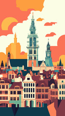 Vintage Antwerp Travel Poster with Iconic Skyline and Landmarks in Minimalist Design