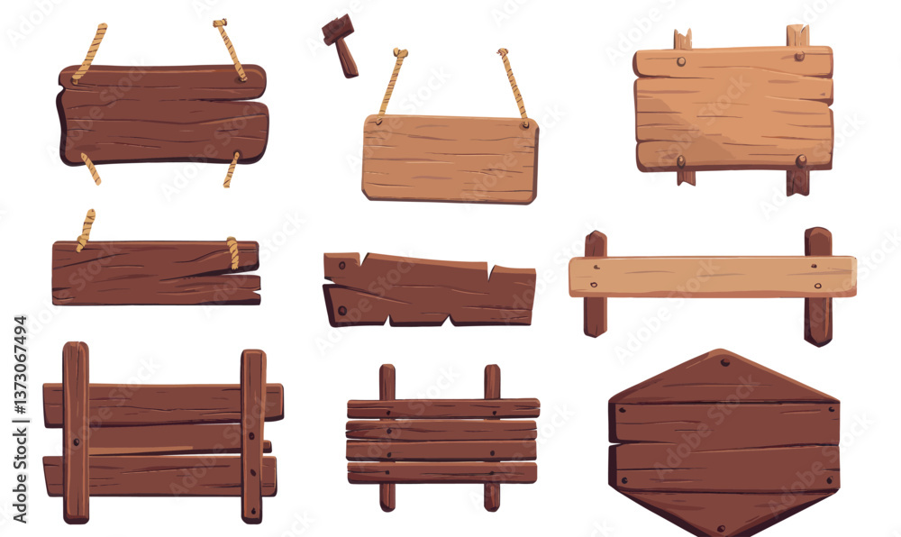 Aufkleber rustic wooden signboards and fence elements for ui game design