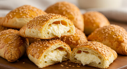 Delicious golden brown cheese-filled pastries with sesame seeds inviting to taste