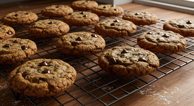 Freshly baked chocolate chip cookies cooling on a wire rack in rustic setting - Powered by Adobe