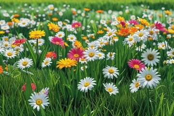 Obraz premium Colorful Daisies and Lush Green Grass in a Vibrant Spring Landscape