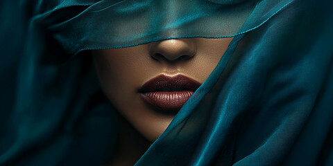Close-up of a face partially covered by teal fabric, showcasing lips with dark-brown lipstick.  The image suggests mystery, elegance, and beauty