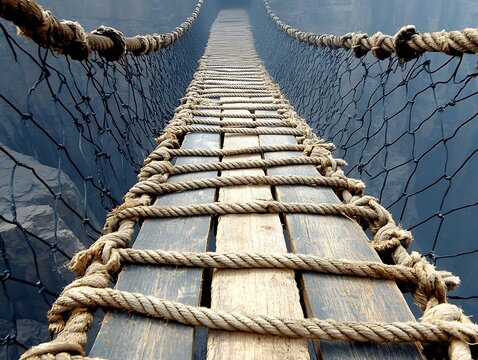 Fototapeta A wooden rope bridge extending across a deep canyon beautifully