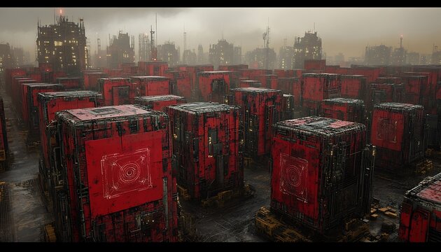A dystopian industrial city scape depicting many large red structures