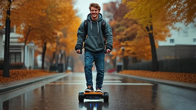 Young man on hoverboard in autumn city street, rainy day, possible use for transportation, urban lifestyle
