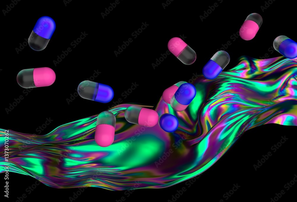 Aufkleber dynamic 3d illustration with pink and blue capsules floating above an iridescent, fluid wave, set ag