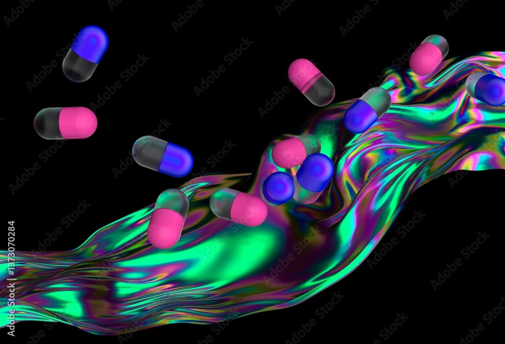 Poster Dynamic 3D illustration with pink and blue capsules floating above an iridescent, fluid wave, set against a dark background, creating a surreal and futuristic vibe.