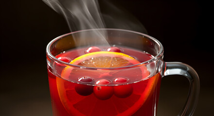 Aromatic cranberry tea infusion with orange slice and vibrant red cranberries