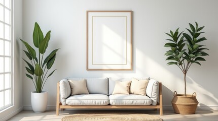 Modern living room with plants, natural light  and mock up in light grey and beige tones.