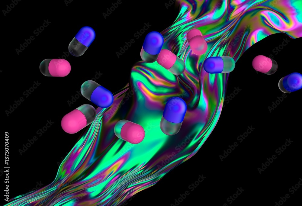 Poster Dynamic 3D illustration with pink and blue capsules floating above an iridescent, fluid wave, set against a dark background, creating a surreal and futuristic vibe.