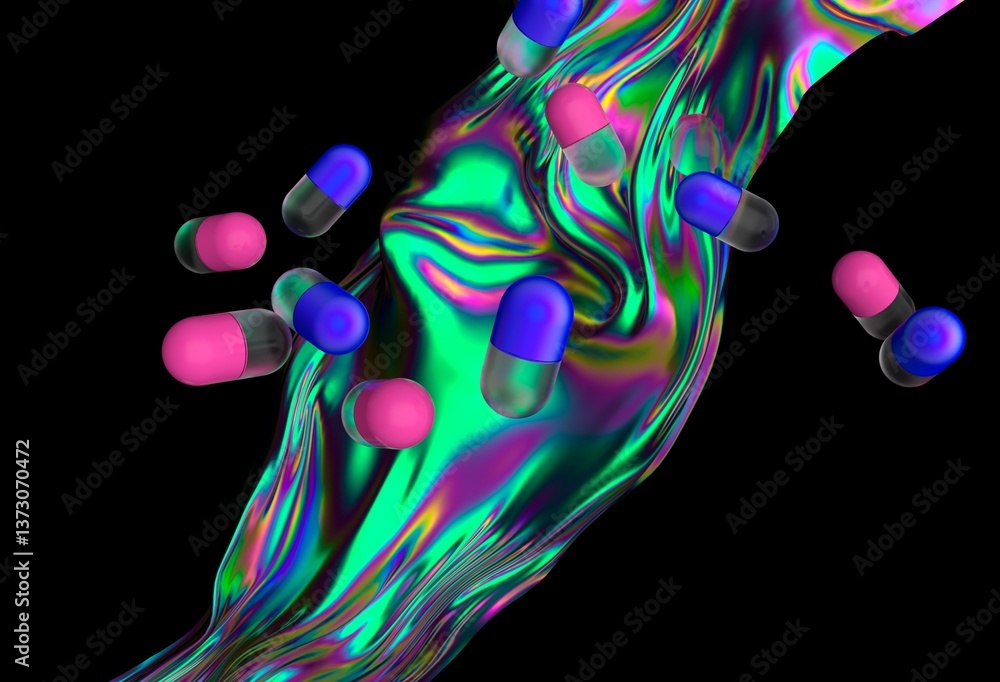 Poster Dynamic 3D illustration with pink and blue capsules floating above an iridescent, fluid wave, set against a dark background, creating a surreal and futuristic vibe.