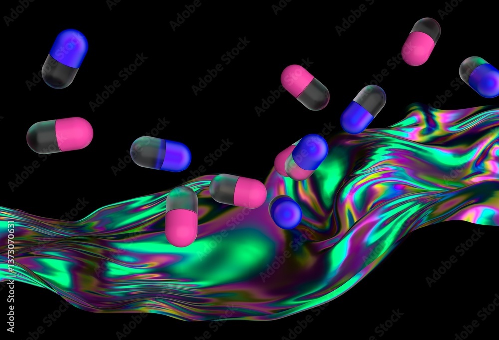 Poster Vibrant 3D illustration featuring floating pink and blue capsules over a dynamic, iridescent wave against a dark background, creating a futuristic and surreal atmosphere.