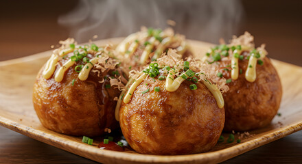 Authentic Japanese Takoyaki: Steaming Perfection on a Wooden Platter Delight
