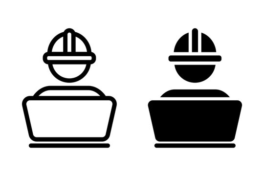 Construction worker wearing a hard hat and working on a laptop. Represents construction, engineering, development, and related professions. Clean, modern, and suitable for various design applications