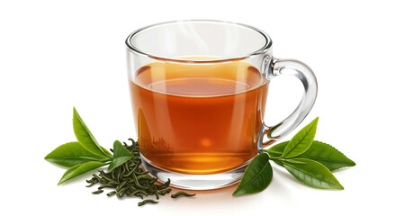 A steaming cup of rich, amber tea, inviting warmth and tranquility, nestled amongst fresh, vibrant green tea leaves on a bright white background.