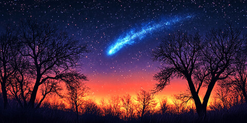 Silhouette of leafless trees against a vibrant sunset and starry night sky, a shooting star streaks across the heavens, conveying dreams, hope, and celestial wonder