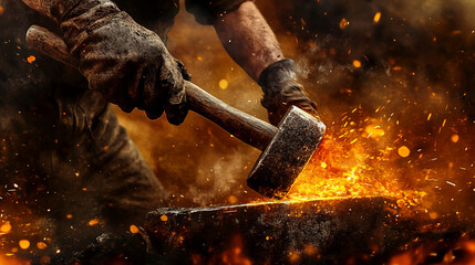 Close-up of gloved hands wielding hammer, striking hot metal on anvil, sparks flying, creating intense fiery scene, showcasing craftsmanship and power
