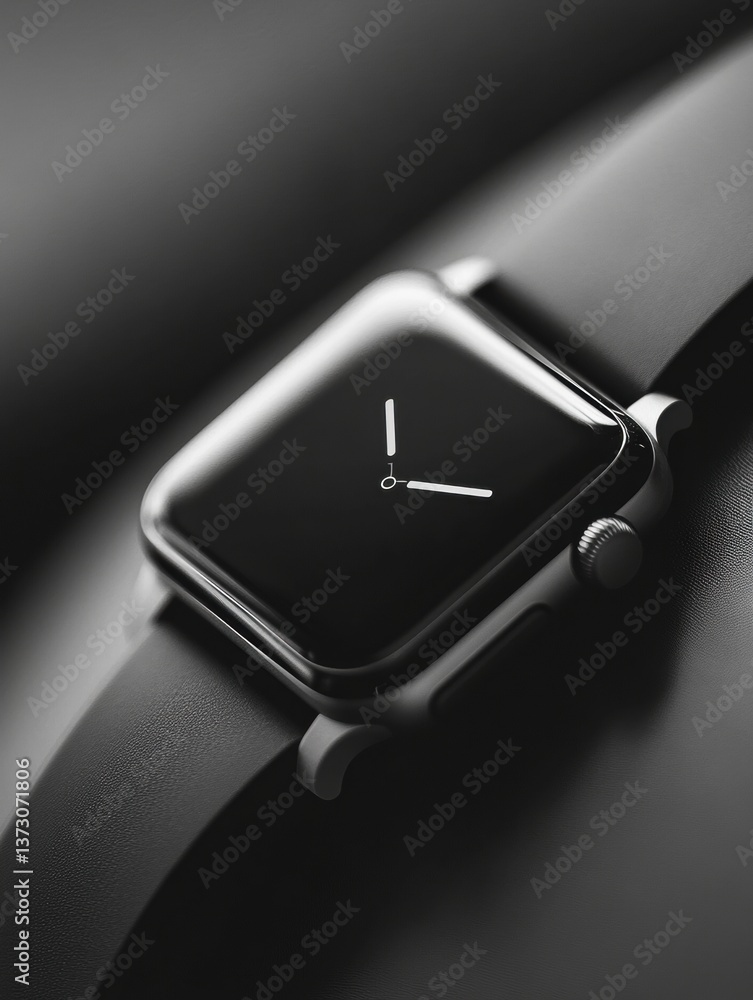 Poster modern smartwatch with sleek design and monochrome face showcasing advanced technology features in a