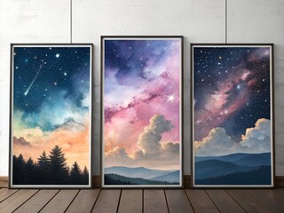 Dreamy celestial landscapes triptych showcasing cosmic skies, swirling galaxies, and serene mountain views in watercolor style
