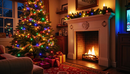 Traditional Christmas tree with lights in cozy living room, festive spirit